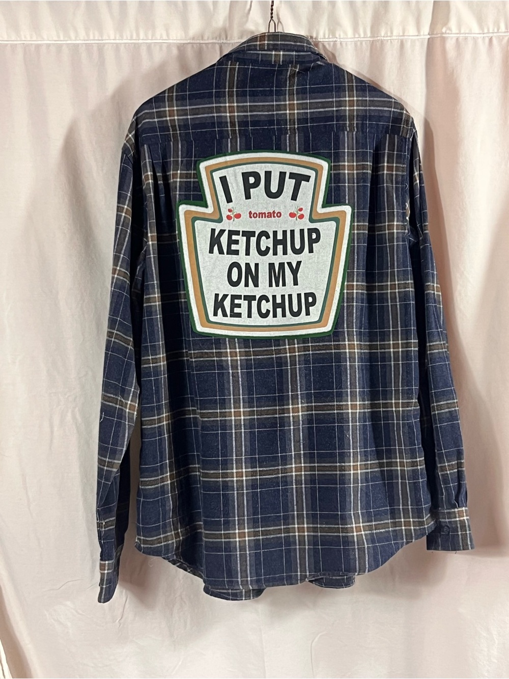 Men's Navy Plaid Button-Down Shirt with Novelty Back Patch